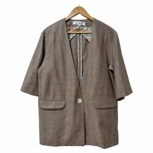 Christine Alcalay Womens Linen Blend 1/2 Sleeve Blazer Size M Taupe Brown Luxe